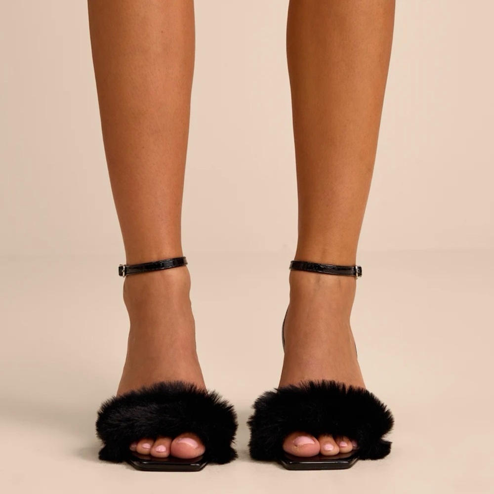 NWB - Lulus Kerstin Black Faux Fur Ankle Strap High Heel Sandals - Size 9